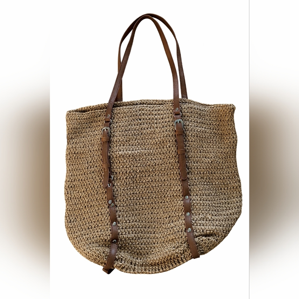 Packable Woven Straw Tote Bag with Brown Straps - Picture 8 of 9